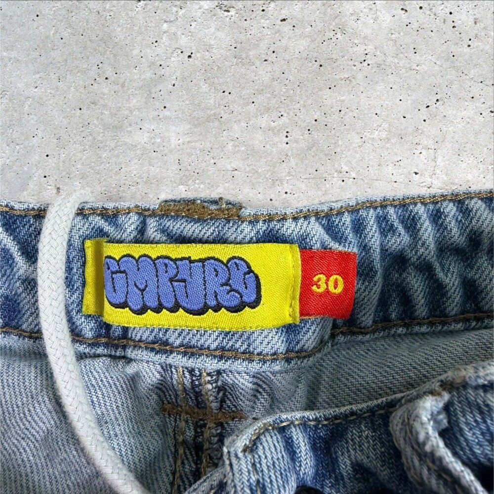 Empyre Light Wash Baggy Skate Jeans Mens 30 Y2K Loose Fit Blue Embroidered Logo - Picture 7 of 10